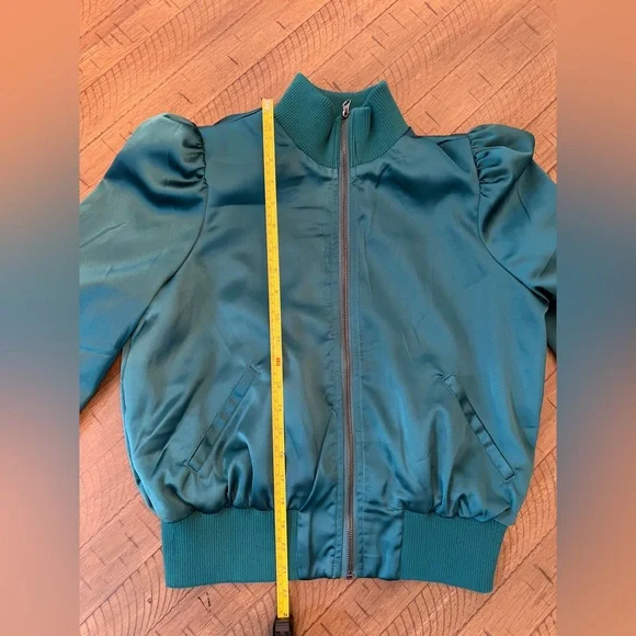 Marled Satin Teal Cropped Bomber Jacket Size Small LIKE NEW - Picture 5 of 8